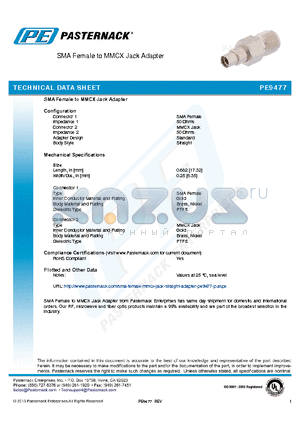PE9477 datasheet - SMA Female to MMCX Jack Adapter