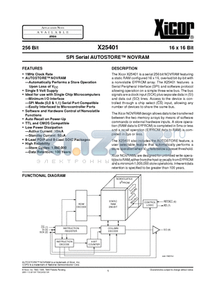 X25401 datasheet - SPI Serial AUTOSTORE NOVRAM