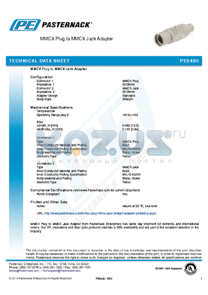 PE9480 datasheet - MMCX Plug to MMCX Jack Adapter