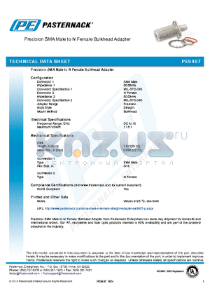 PE9487 datasheet - Precision SMA Male to N Female Bulkhead Adapter