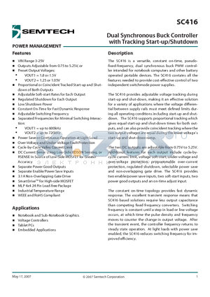 SC416EVB datasheet - Dual Synchronous Buck Controller with Tracking Start-up/Shutdown