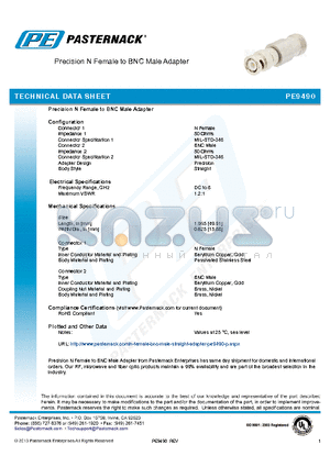 PE9490 datasheet - Precision N Female to BNC Male Adapter