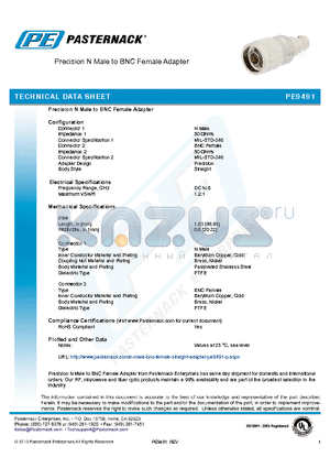 PE9491 datasheet - Precision N Male to BNC Female Adapter