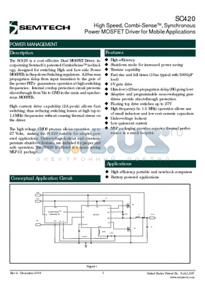 SC420 datasheet - High Speed, Combi-SenseTM, Synchronous Power MOSFET Driver for Mobile Applications