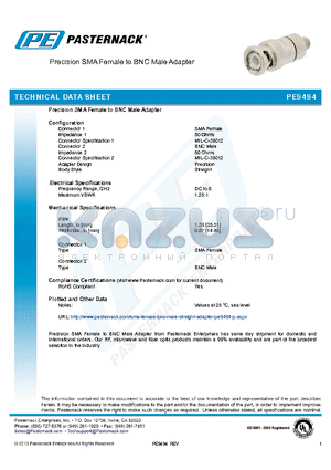 PE9494 datasheet - Precision SMA Female to BNC Male Adapter