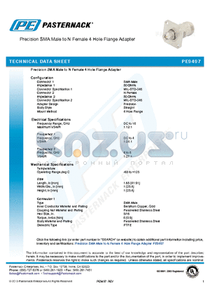 PE9497 datasheet - Precision SMA Male to N Female 4 Hole Flange Adapter