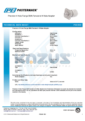 PE9498 datasheet - Precision 4 Hole Flange SMA Female to N Male Adapter