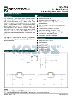 SC4205IS-X.XTR datasheet - Very Low Dropout 1 Amp Regulator With Enable