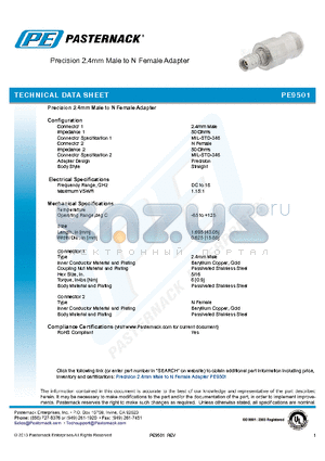 PE9501 datasheet - Precision 2.4mm Male to N Female Adapter