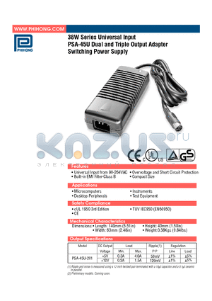 PSA-45U-201 datasheet - Dual and Triple Output Adapter Switching Power Supply