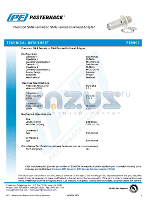 PE9508 datasheet - Precision SMA Female to SMA Female Bulkhead Adapter