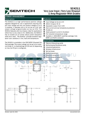 SC4211_06 datasheet - Very Low Input /Very Low Dropout 1 Amp Regulator With Enable