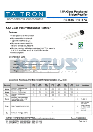 RB156G datasheet - 1.5A Glass Passivated Bridge Rectifier