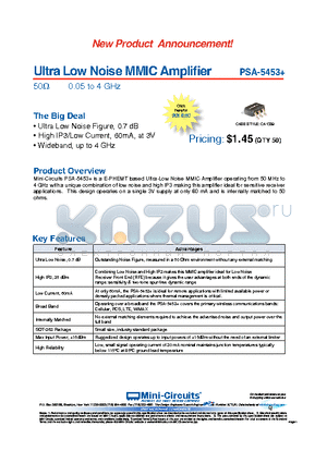 PSA-5453+ datasheet - Ultra Low Noise MMIC Amplifier