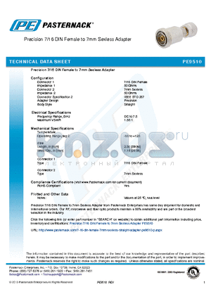 PE9510 datasheet - Precision 7/16 DIN Female to 7mm Sexless Adapter