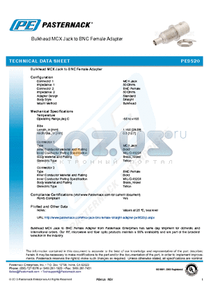 PE9520 datasheet - Bulkhead MCX Jack to BNC Female Adapter