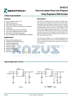 SC4212_11 datasheet - Very Low Input /Very Low Dropout 1Amp Regulator With Enable