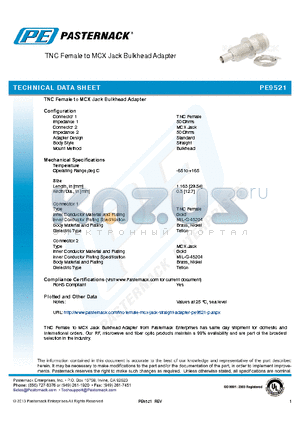 PE9521 datasheet - TNC Female to MCX Jack Bulkhead Adapter