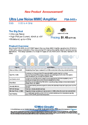 PSA-5455 datasheet - Ultra Low Noise MMIC Amplifier