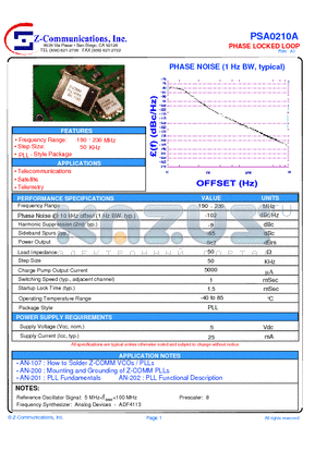 PSA0210A datasheet - LOW COST - HIGH PERFORMANCE PHASE LOCKED LOOP