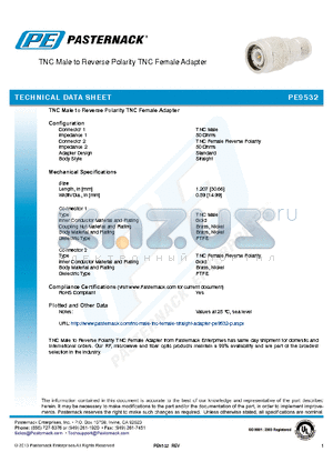 PE9532 datasheet - TNC Male to Reverse Polarity TNC Female Adapter