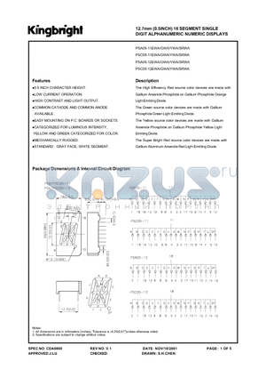 PSA05-11EWA datasheet - 12.7mm(0.5inch) 16 SEGMENT SINGLE DIGIT ALPHANUMERIC DISPLAYS