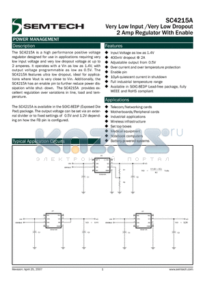 SC4215A_07 datasheet - Very Low Input /Very Low Dropout 2 Amp Regulator With Enable