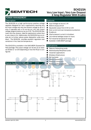 SC4215AEVB datasheet - Very Low Input /Very Low Dropout 2 Amp Regulator With Enable