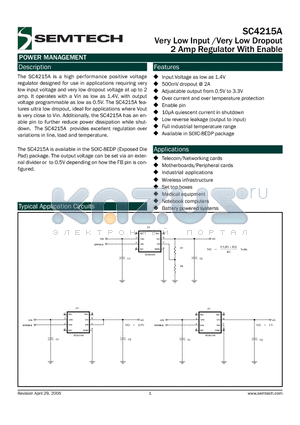 SC4215A datasheet - Very Low Input /Very Low Dropout 2 Amp Regulator With Enable