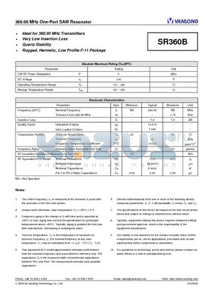 SR360B datasheet - 360.00 MHz One-Port SAW Resonator