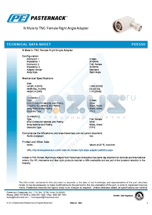 PE9550 datasheet - N Male to TNC Female Right Angle Adapter