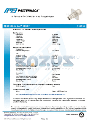 PE9552 datasheet - N Female to TNC Female 4 Hole Flange Adapter