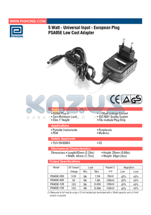 PSA05E-120 datasheet - 5 Watt - Universal Input - European Plug