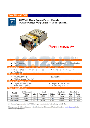 PSA065-120 datasheet - 65 Watt Open-Frame Power Supply