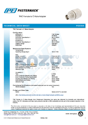 PE9564 datasheet - TNC Female to C Male Adapter