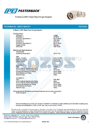 PE9565 datasheet - N Male to BNC Male Right Angle Adapter