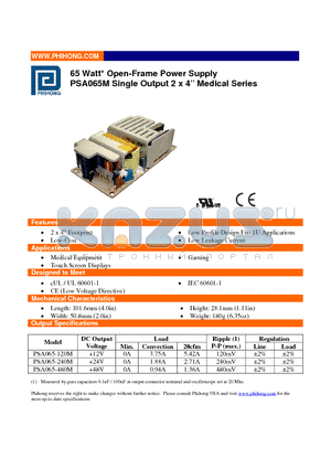 PSA065-240M datasheet - 65 Watt Open-Frame Power Supply PSA065M Single Output 2 x 4 Medical Series