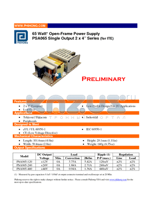 PSA065-480 datasheet - 65 Watt Open-Frame Power Supply