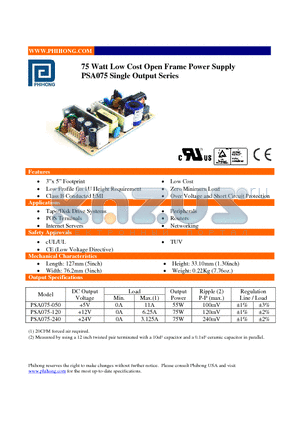 PSA075-050 datasheet - 75 Watt Low Cost Open Frame Power Supply