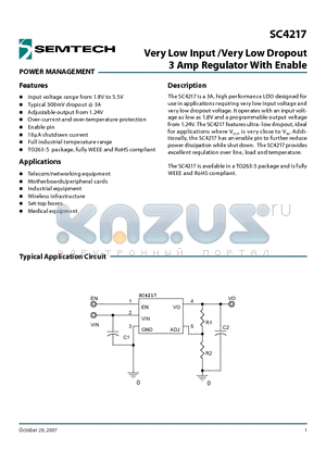 SC4217 datasheet - Very Low Input /Very Low Dropout 3 Amp Regulator With Enable