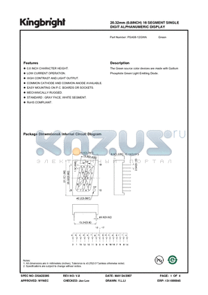 PSA08-12GWA datasheet - 20.32mm (0.8INCH) 16 SEGMENT SINGLE DIGIT ALPHANUMERIC DISPLAY