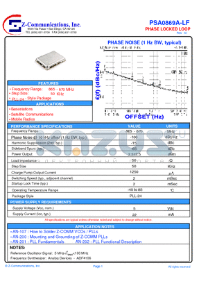 PSA0869A-LF datasheet - Voltage-Controlled Oscillator Surface Mount Module