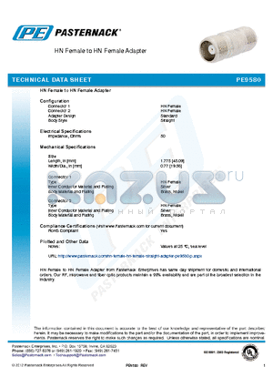 PE9580 datasheet - HN Female to HN Female Adapter