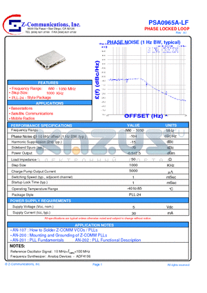 PSA0965A-LF datasheet - Voltage-Controlled Oscillator Surface Mount Module