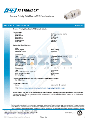 PE9596 datasheet - Reverse Polarity SMA Male to TNC Female Adapter