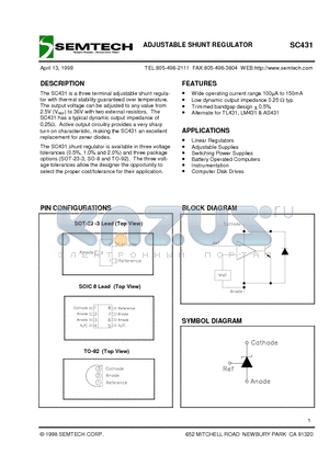 SC431 datasheet - ADJUSTABLE SHUNT REGULATOR