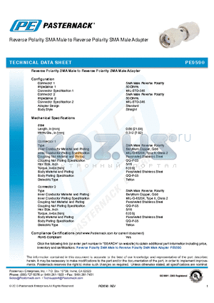 PE9590 datasheet - Reverse Polarity SMA Male to Reverse Polarity SMA Male Adapter