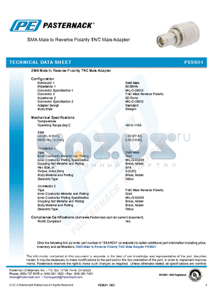 PE9601 datasheet - SMA Male to Reverse Polarity TNC Male Adapter