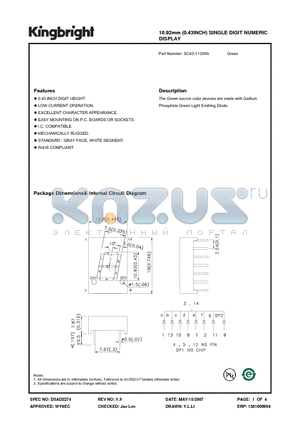 SC43-11GWA datasheet - 10.92mm (0.43INCH) SINGLE DIGIT NUMERIC DISPLAY