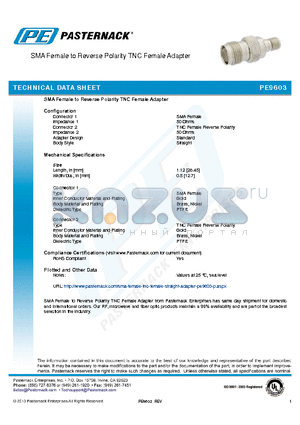 PE9603 datasheet - SMA Female to Reverse Polarity TNC Female Adapter